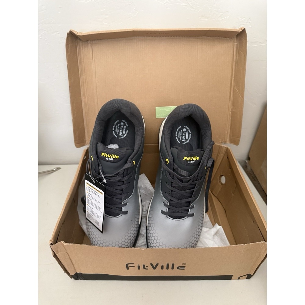FitVille Men's Golf Shoes Professional Outdoor Waterproof Spiked Shoe Grey/White
